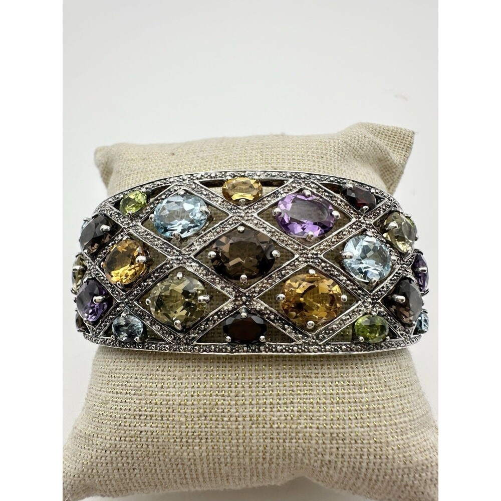 925 STERLING SILVER MULTI GEMSTONE WIDE HEAVY HINGED CUFF BRACELET 50 GR